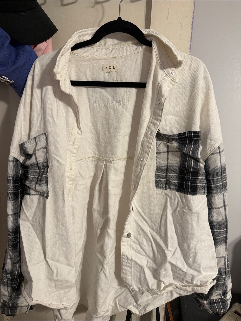 POL Off-White Button-Front Shirt Jacket with Black Plaid Panels
